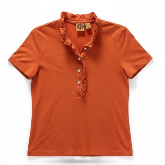Tory Burch Orange Ruffle Knit Short Sleeve Shirt Sz Lg Office Business Casual - Picture 5 of 5